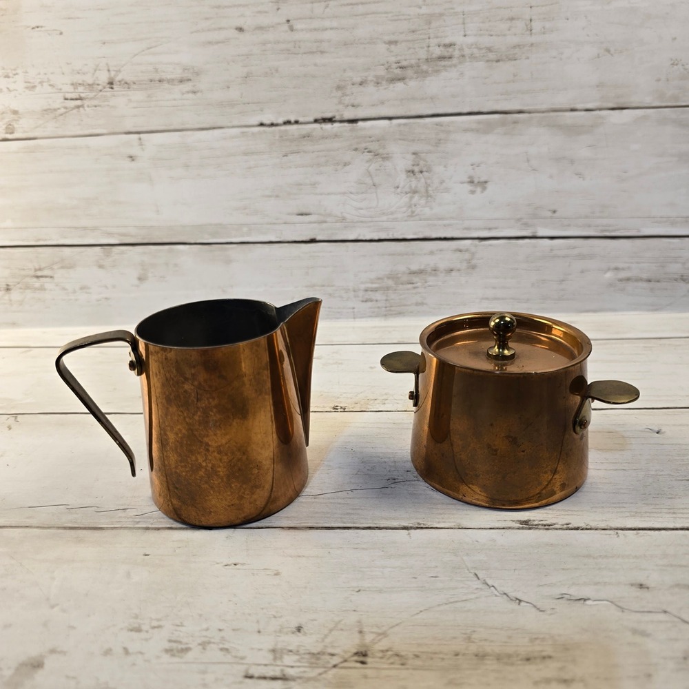 Vintage Copper Creamer and Lidded Sugar Bowl Set with Brass Handles Patina